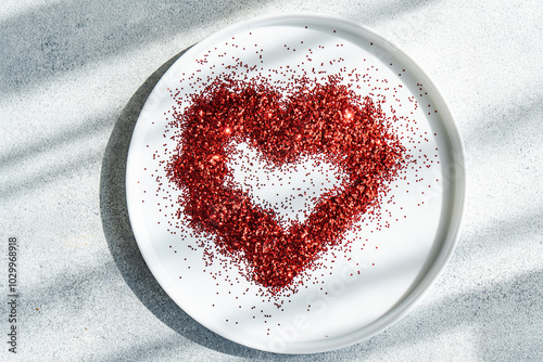 Table setting with red heart for festive dinner