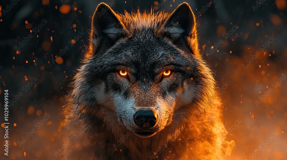 A wolf depicted powerfully against a dramatic backdrop. A wolf depicted powerfully against a dramatic backdrop.