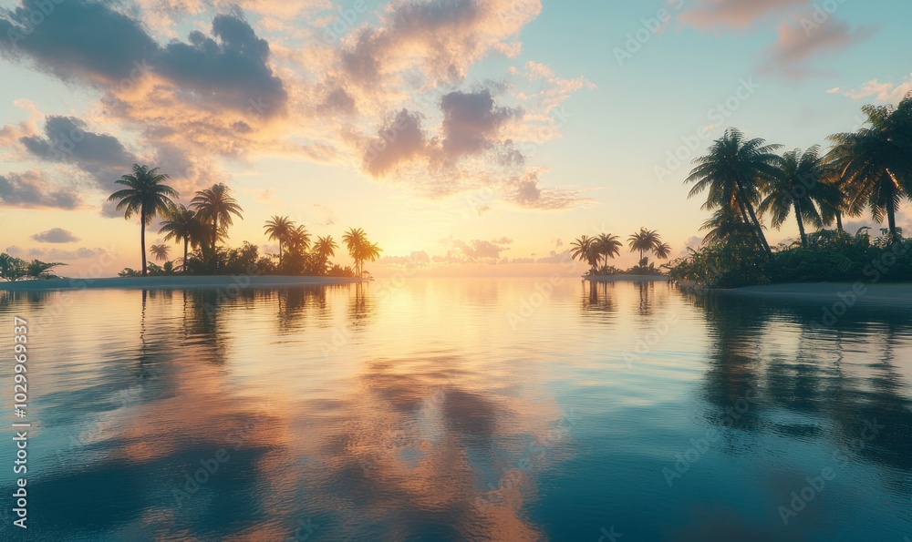 Serene tropical lagoon at sunrise, with calm waters reflecting the sky and palm trees lining the shore Serene tropical lagoon at sunrise, with calm waters reflecting the sky and palm trees lining the shore