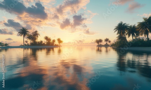 Serene tropical lagoon at sunrise, with calm waters reflecting the sky and palm trees lining the shore