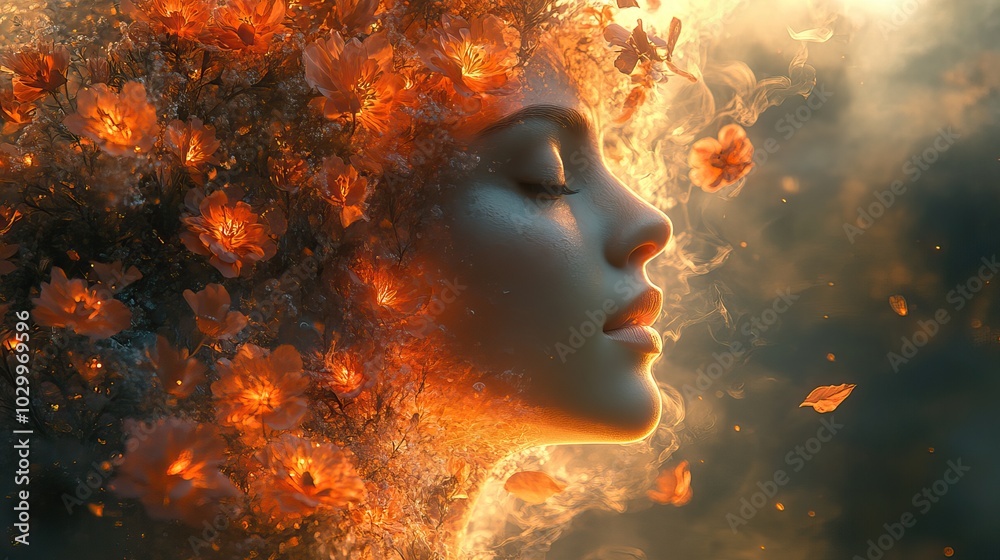 A woman experiences intense feelings of love and passion in a flower explosion, conceptual illustration.