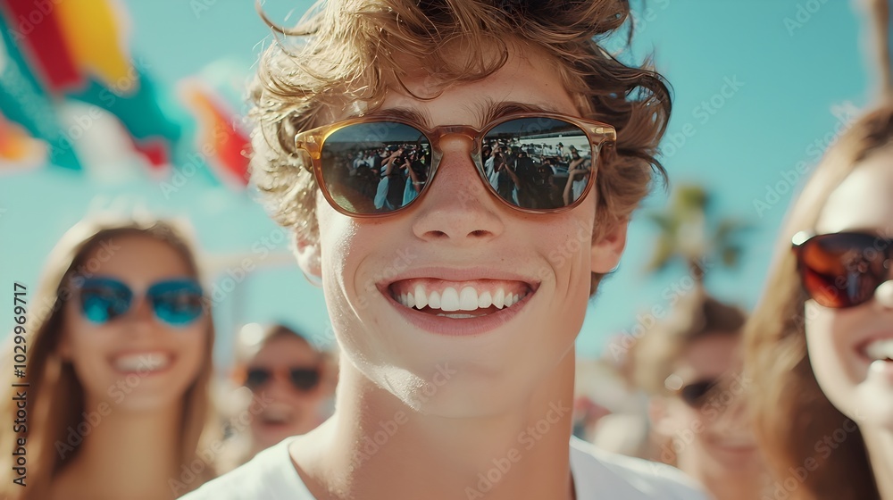 Vibrant outdoor with a lively group of young friends in sunglasses smiling under a bright sun and surrounded by colorful festival ample copy space Vibrant outdoor with a lively group of young friends in sunglasses smiling under a bright sun and surrounded by colorful festival ample copy space