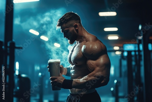 Muscular man holding a protein shake. This photo illustrates the importance of protein for muscle growth and recovery.