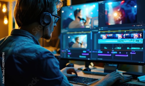 Man editing video on computer in home studio