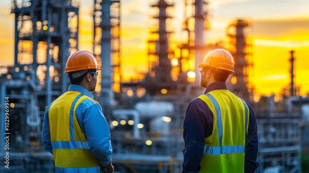 Engineers discussing operations at a refinery during sunset