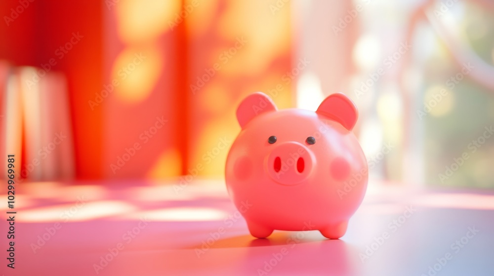 Bright pink piggy bank placed on a colorful surface in a sunny room Bright pink piggy bank placed on a colorful surface in a sunny room