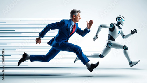 A human in a blue suit races against a robot, showcasing the competition between man and machine, with a plain white background emphasizing movement and contrast.