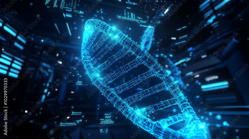 This image shows a blue DNA strand, representing gene therapy. It's a visual for medical education or a healthcare center, explaining how scientists use genes to treat illnesses.low poly wireframe. This image shows a blue DNA strand, representing gene therapy. It's a visual for medical education or a healthcare center, explaining how scientists use genes to treat illnesses.low poly wireframe.