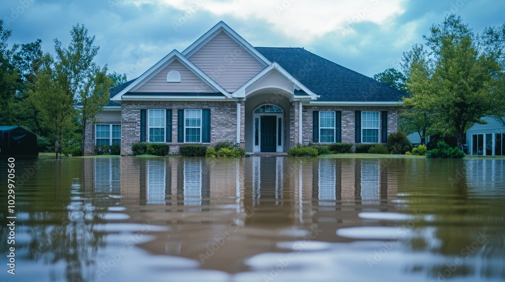 Flooded residential area with standing water surrounding a house Flooded residential area with standing water surrounding a house