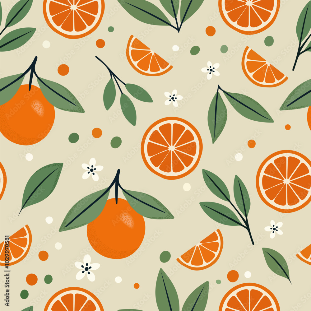 seamless pattern with oranges, green leaves and white flowers in a flat design style. Suitable for textiles, covers, wallpaper, wrapping paper seamless pattern with oranges, green leaves and white flowers in a flat design style. Suitable for textiles, covers, wallpaper, wrapping paper