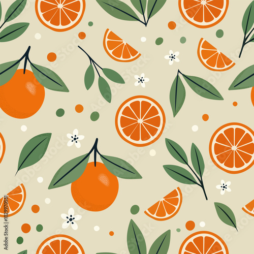 seamless pattern with oranges, green leaves and white flowers in a flat design style. Suitable for textiles, covers, wallpaper, wrapping paper