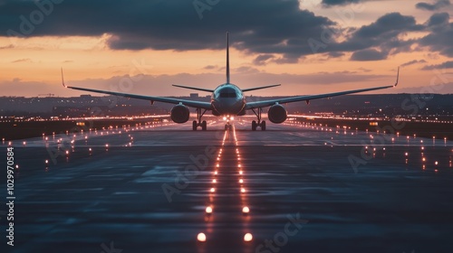 Airplane at sunset preparing for takeoff on a busy runway