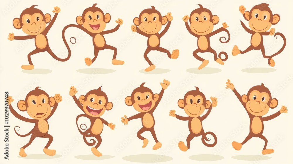 Vector illustration of cartoon monkeys, showcasing a collection of cheeky and mischievous characters in different actions. Vector illustration of cartoon monkeys, showcasing a collection of cheeky and mischievous characters in different actions.