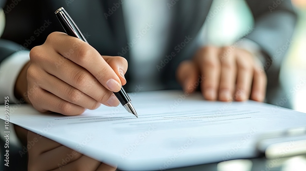 Close-up of a hand signing a document. This photo is perfect for illustrating legal, business, or financial concepts. Close-up of a hand signing a document. This photo is perfect for illustrating legal, business, or financial concepts.
