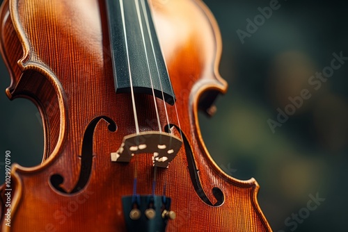 Close-up of a wooden violin with strings.