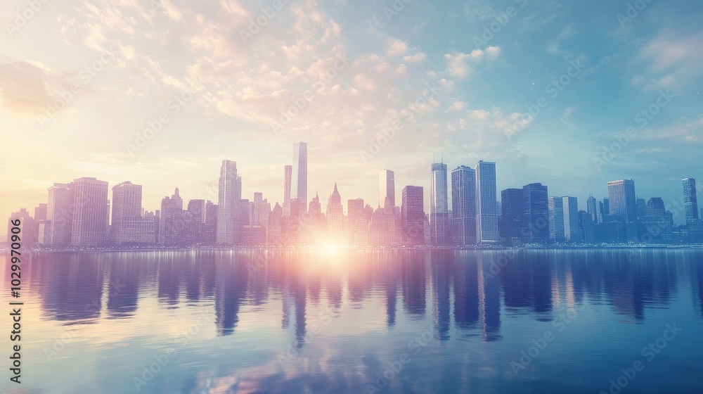City skyline at sunrise reflecting in calm waters City skyline at sunrise reflecting in calm waters