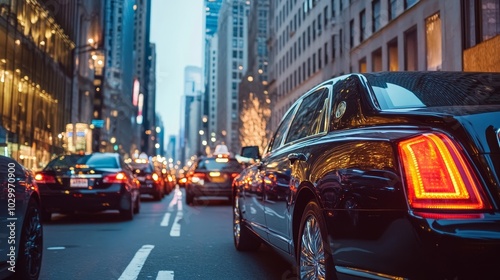 Luxury cars lined up on a bustling city street during twilight hours