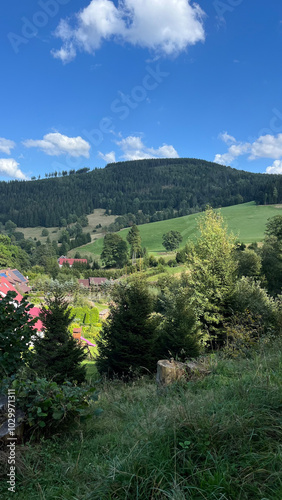 Panoramic view of a mountain village with houses in a mountain Polish valley. Bielice photo