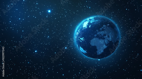 A blue night sky filled with stars, with a glowing Earth in the center. This design promotes saving energy and protecting the environment with a message about Earth Hour.low poly wireframe.