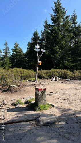 Rudawiec Mountain Peak, Eastern Sudetes, Polish-Czech Border, Border Post photo