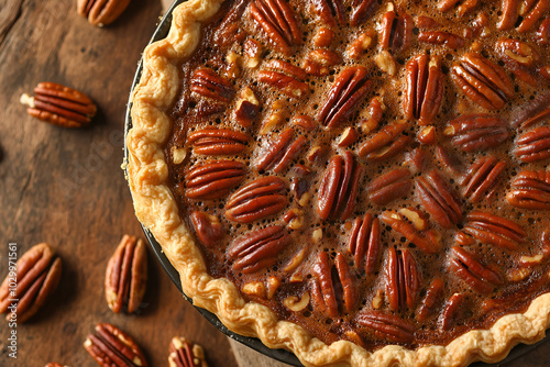 A delicious maple pecan pie with a golden, flaky crust, garnished with pecan halves, Delicious pecan dessert food photography