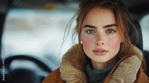 A young woman sits in a car in a casual portrait.