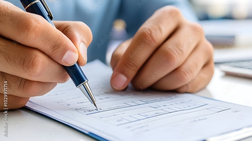 of a person writing on a checklist with a pen against a white background in a minimalist clip art style