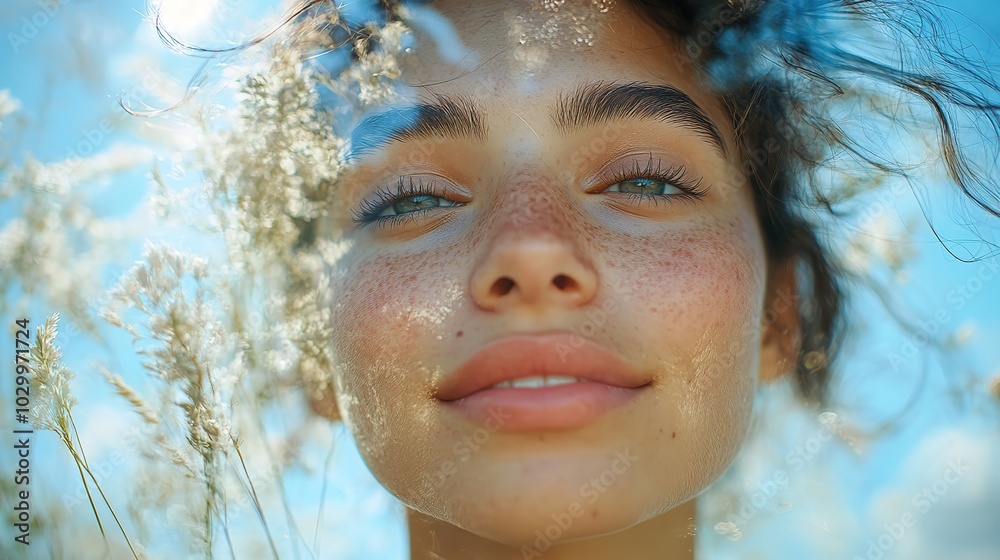 A young woman smiles naturally in a double exposure photo with spring or summer vibes. A young woman smiles naturally in a double exposure photo with spring or summer vibes.