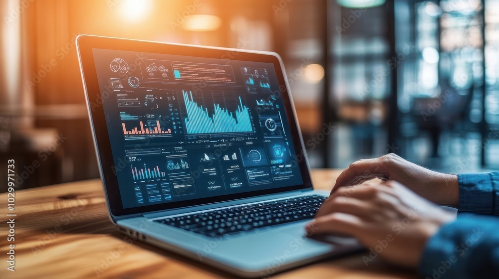 Close-up of hands typing on a laptop, analyzing data charts and graphs on the screen. Close-up of hands typing on a laptop, analyzing data charts and graphs on the screen.