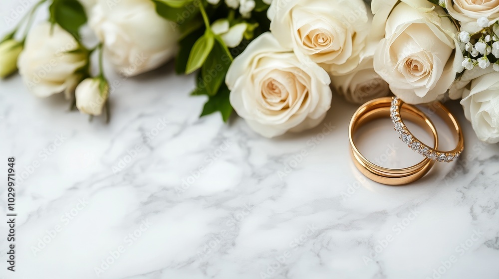 Elegant wedding rings beside a bouquet of white roses on marble Elegant wedding rings beside a bouquet of white roses on marble