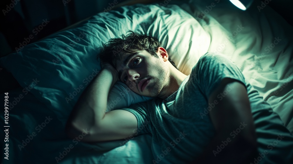 Anxious Person Lying Awake in Bed at Night - Stress and Insomnia Concept Generative AI Anxious Person Lying Awake in Bed at Night - Stress and Insomnia Concept Generative AI