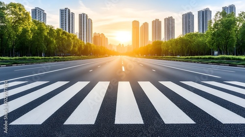 Crosswalk on Empty Road Leading to City Skyline at Sunset Clean Blank Canvas with Empty Space for Designs