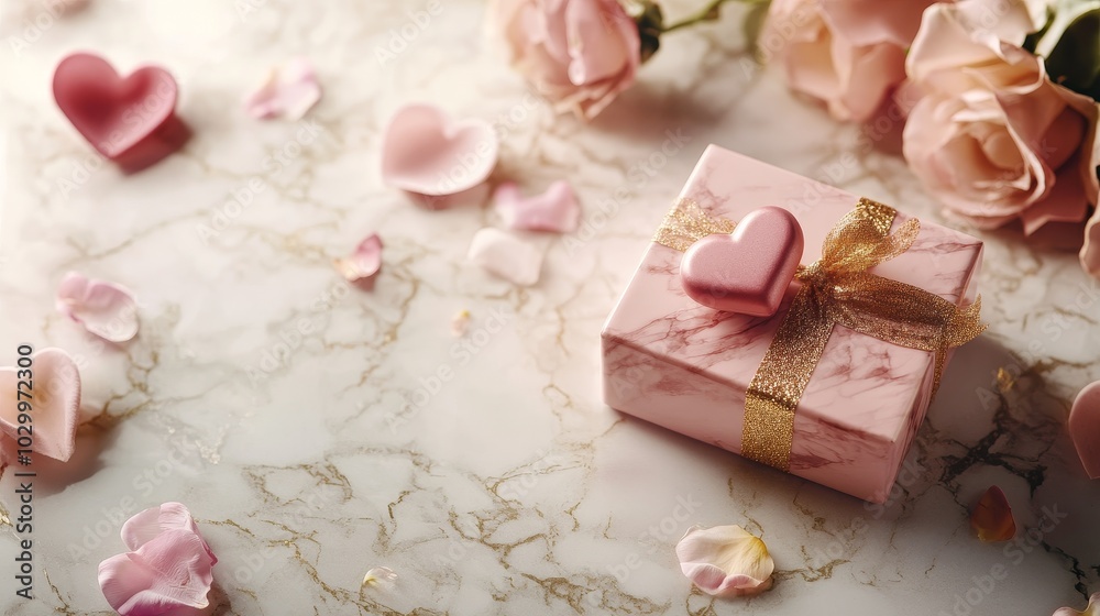 A beautifully wrapped gift box surrounded by heart-shaped decorations A beautifully wrapped gift box surrounded by heart-shaped decorations