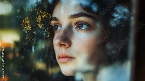 Contemplative Person Looking Out of a Window with Subtle Reflection Generative AI
