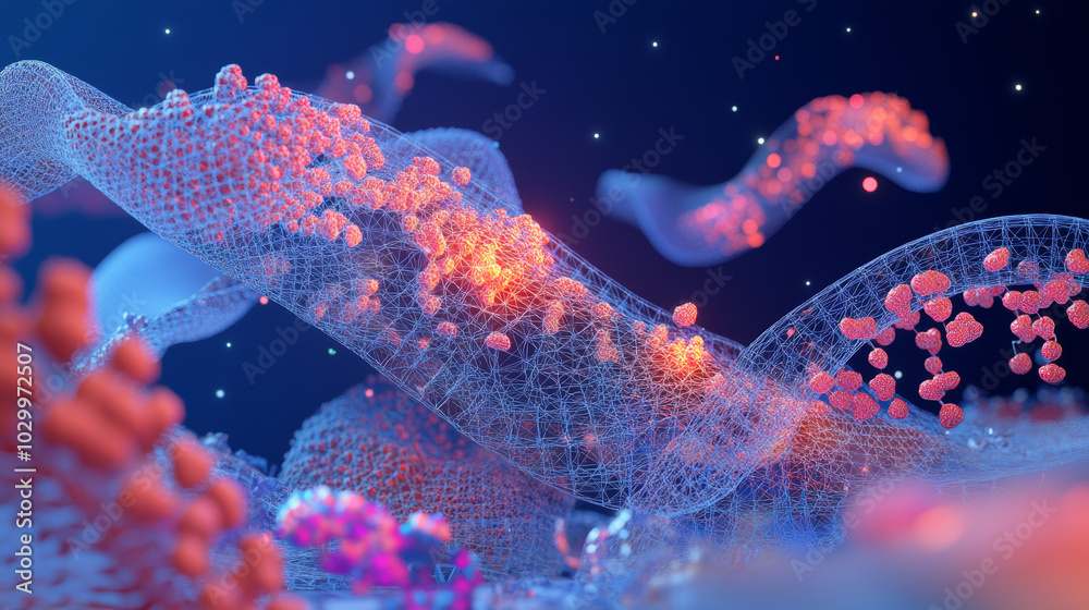 This illustration shows how 3D technology can be used to change DNA, potentially curing genetic diseases. It highlights gene therapy, CRISPR Cas9, and modern genetic engineering.low poly wireframe.