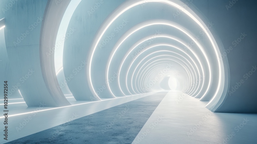 Fototapeta premium Futuristic hallway with glowing arches and a bright exit in daylight