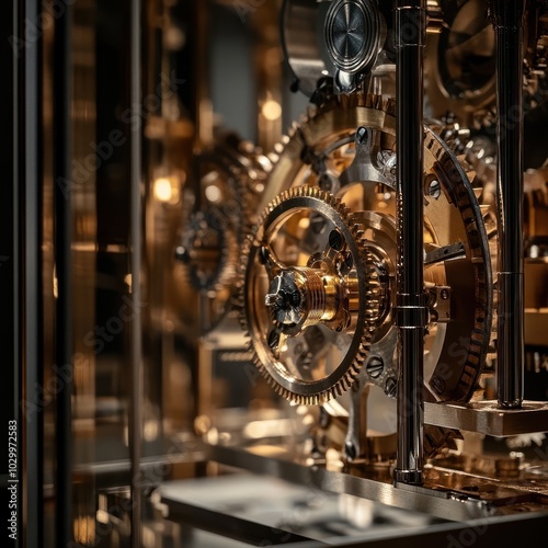 Close-up of intricate clockwork mechanism with gears and cogs.