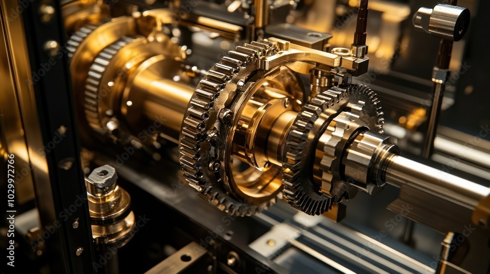 Close-up of intricate golden gears and shafts in a complex machine. Close-up of intricate golden gears and shafts in a complex machine.