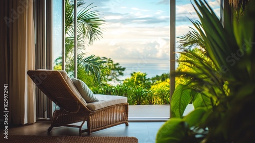 Cozy lounge chair overlooking a serene tropical landscape at dawn