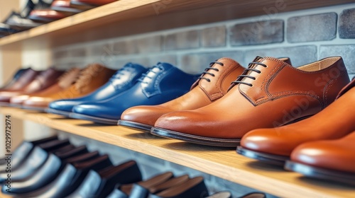 Close-up of leather men's shoes on a wooden shelf.