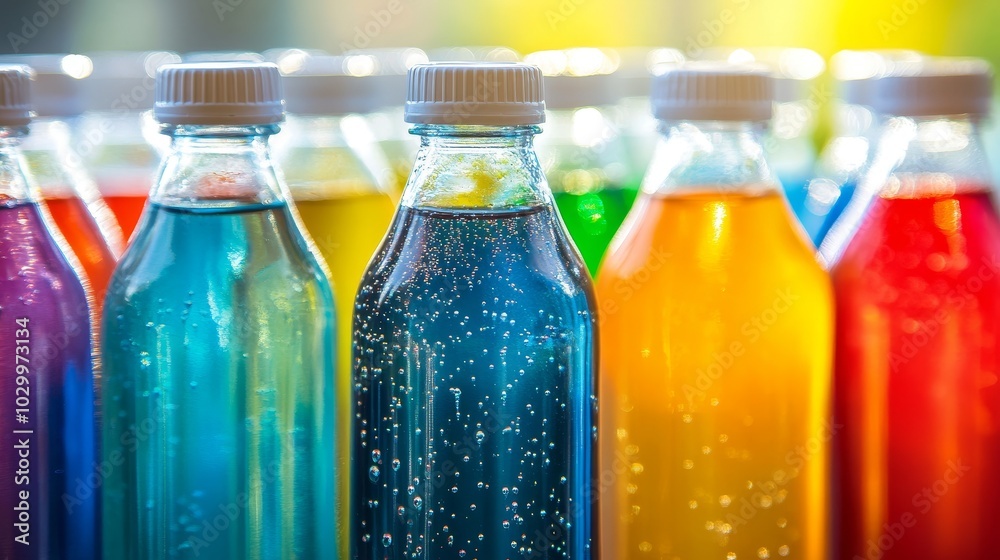 Vibrant bottles filled with colorful drinks on a sunny day
