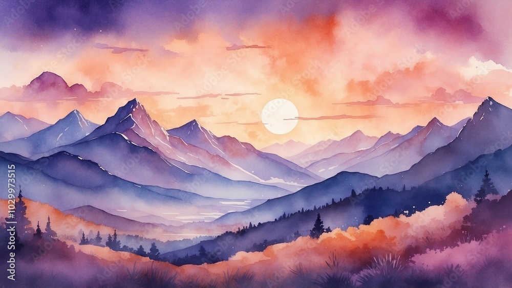 Majestic mountain landscape at sunset with vibrant colors and a glowing sun