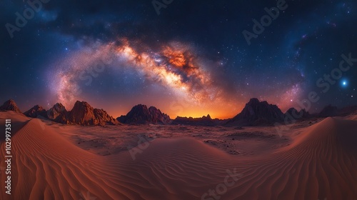 An amazing photo captures the Milky Way galaxy over sand dunes, showcasing a stunning and cosmic view of the night sky.