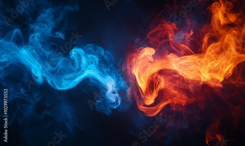 This image shows an intense and dynamic interaction of red and blue abstract smoke with hints of fire, symbolizing energy, contrast, and the interplay of opposing elements