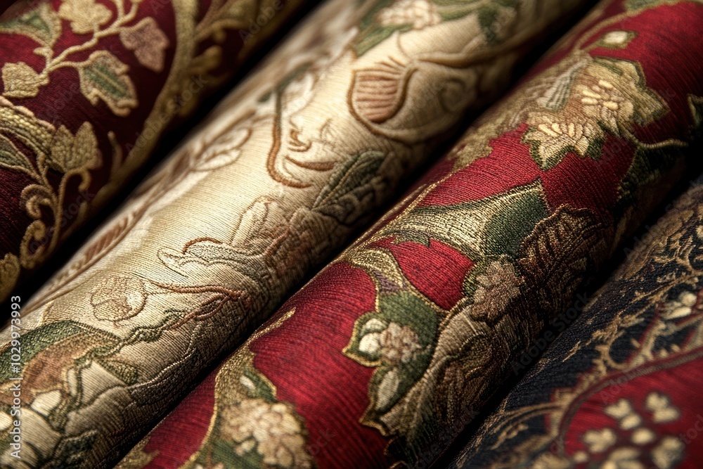 Close-up of various patterns on rolled fabrics with floral and ornate designs in red, gold, and green. Close-up of various patterns on rolled fabrics with floral and ornate designs in red, gold, and green.