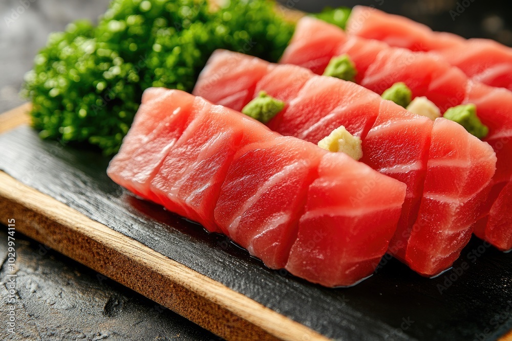 Raw tuna slices on a slate. Perfect for sushi, sashimi, or other Japanese dishes. Raw tuna slices on a slate. Perfect for sushi, sashimi, or other Japanese dishes.