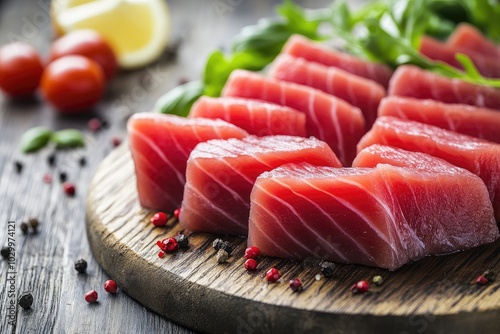 Raw tuna slices on a cutting board. Perfect for illustrating recipes or articles about seafood.