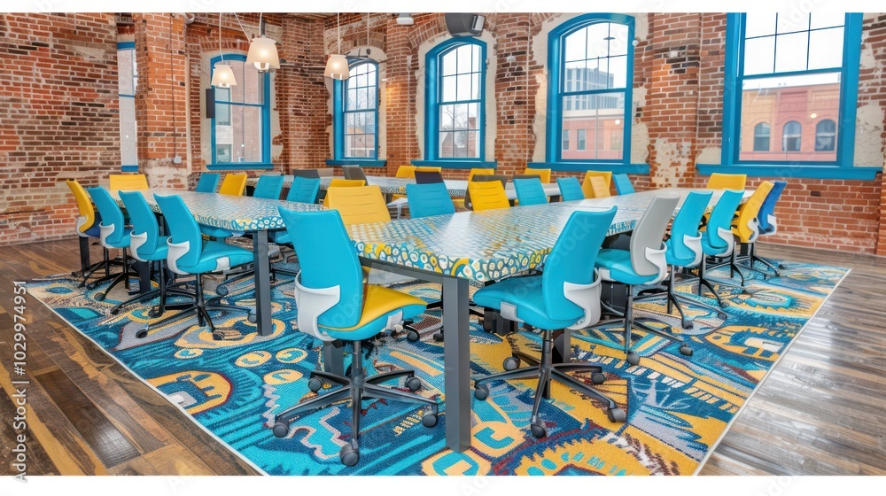 Naklejka premium Modern Conference Room Interior with Blue and Yellow Chairs
