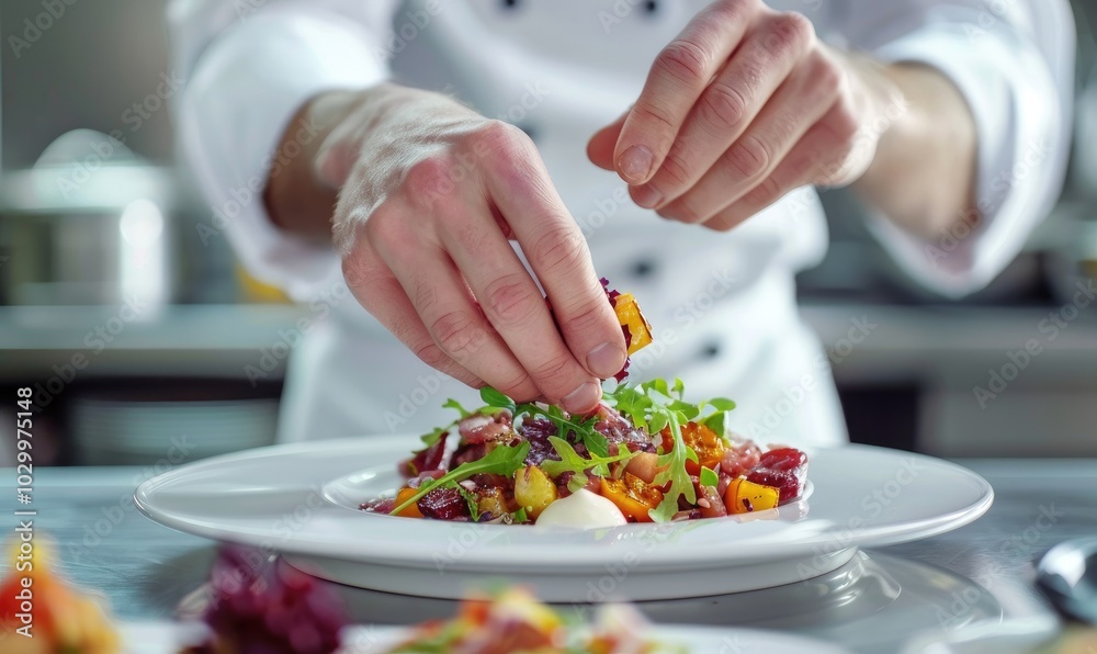 Chef Garnishing Dish with Precision in Kitchen Chef Garnishing Dish with Precision in Kitchen