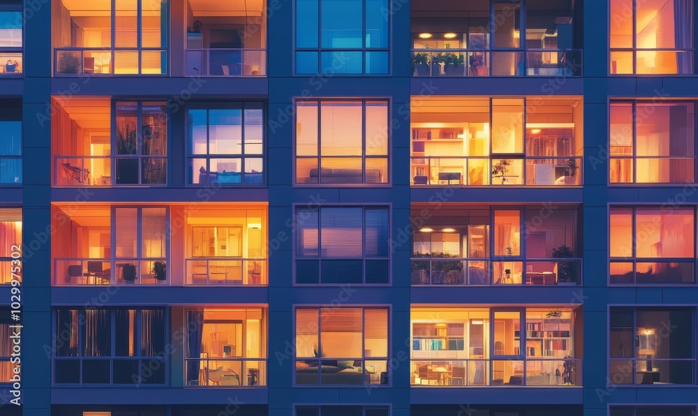 The image showcases an evening scene of a high-rise apartment building with numerous windows illuminated, displaying the vibrant lives of the residents inside The image showcases an evening scene of a high-rise apartment building with numerous windows illuminated, displaying the vibrant lives of the residents inside